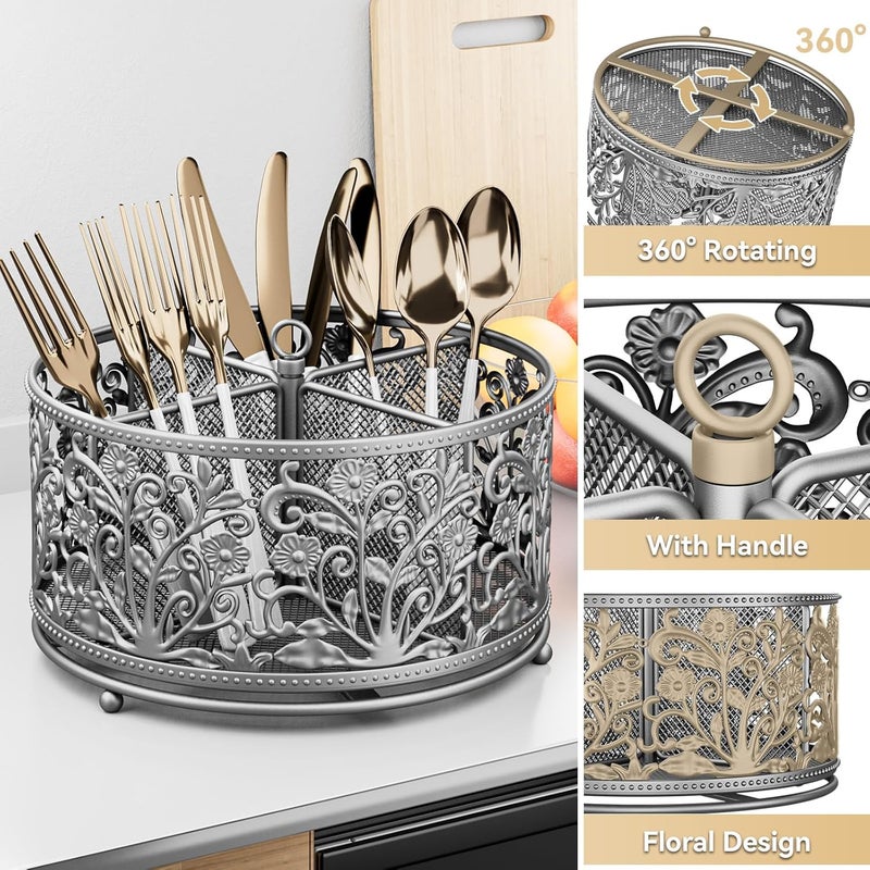 YIUKEA 360° Rotating Utensil Caddy - Silverware Cutlery Caddy Holder with 4 Compartment, Metal Flatware Organizer Countertop with Handle for Party Camping Picnic, Kitchen Counter, Office (Silver) - Image 5